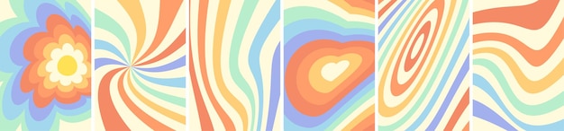 Vettore poster d'arte arcobaleno distorto retrò groovy imposta sfondi contorti colorati in stile hippie psichedelico