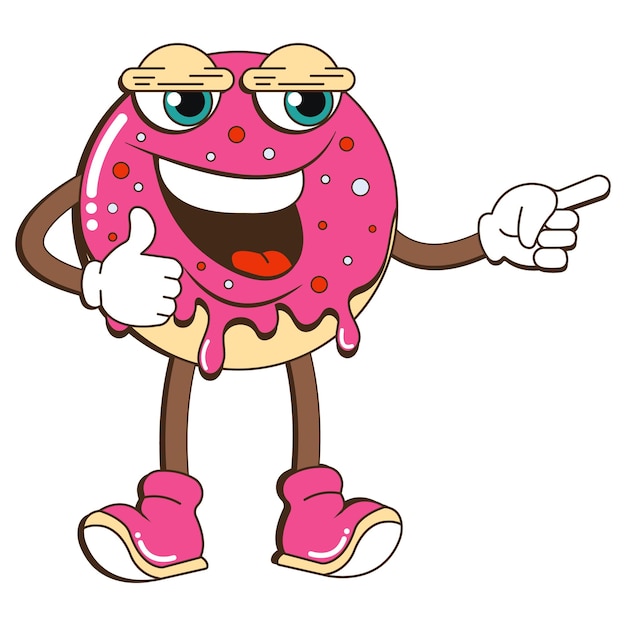 Retro groovy donut cake character Retro cartoon style 60s 80s Vector illustration