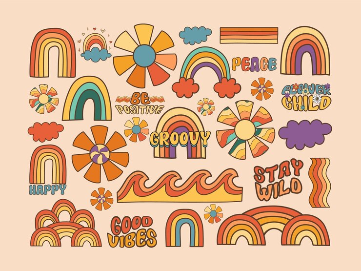 Vector retro groovy elementen vector set hippie bloem regenboog vrede gelukkige madeliefje