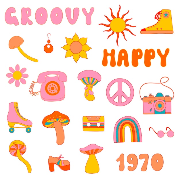 Vector retro groovy elements from 1970 vibe. cute hippy stickers