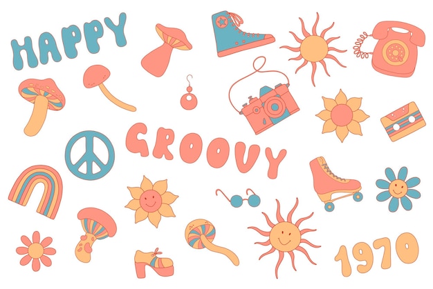 Vector retro groovy elements with 1970 vibe. cute hippy stickers