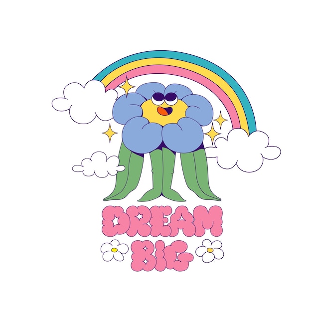 Retro groovy flower mascot character with quote