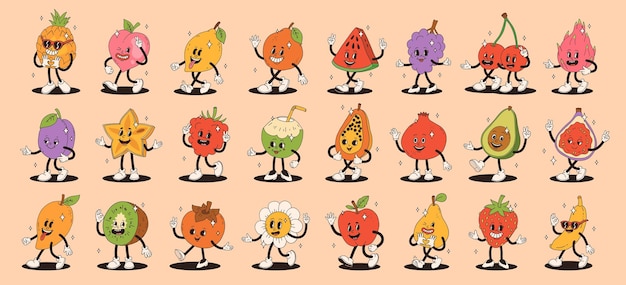 Retro groovy fruit characters Big collection of funky happy mascots with happy smiling face