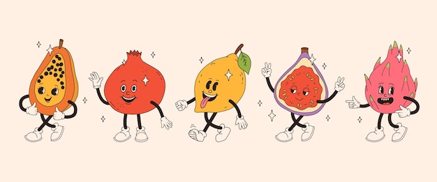 Retro groovy fruit personages Funky cartoon mascotte van papaya granaatappel citroen vijg draak fruit