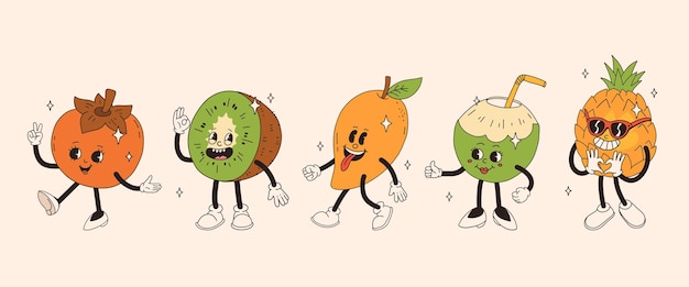 Retro groovy fruit personages Funky cartoon mascotte van persimmon kiwi mango groene kokosnoot pineaappel met gelukkig glimlach gezicht Grappig vintage trendy stijl personage