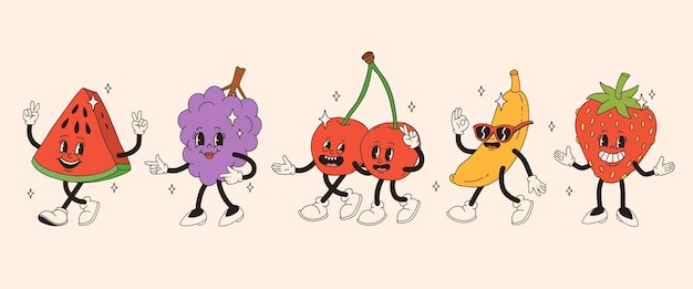 Retro groovy fruit personages Funky cartoon mascotte van watermeloen druif kersie banan aardbeien