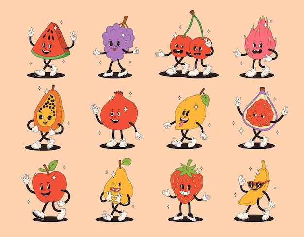 Retro groovy fruit personages Funky cartoon mascotte van watermeloen druif kersie draak fruit papaya