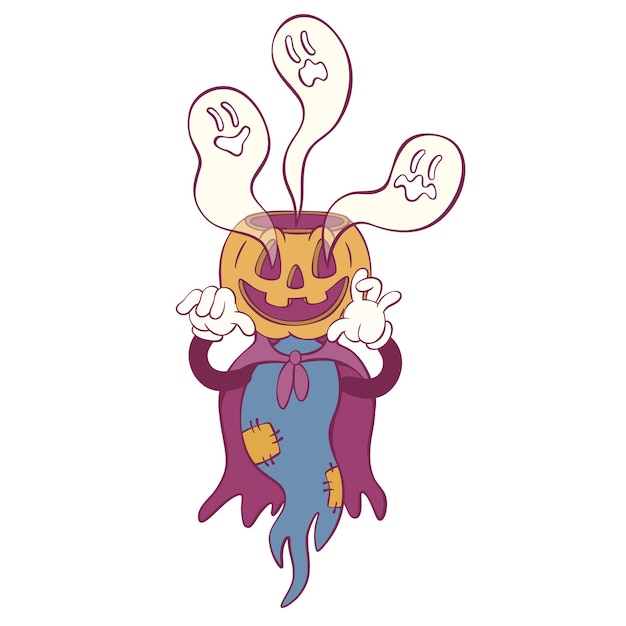 Retro groovy ghost halloween mascot character
