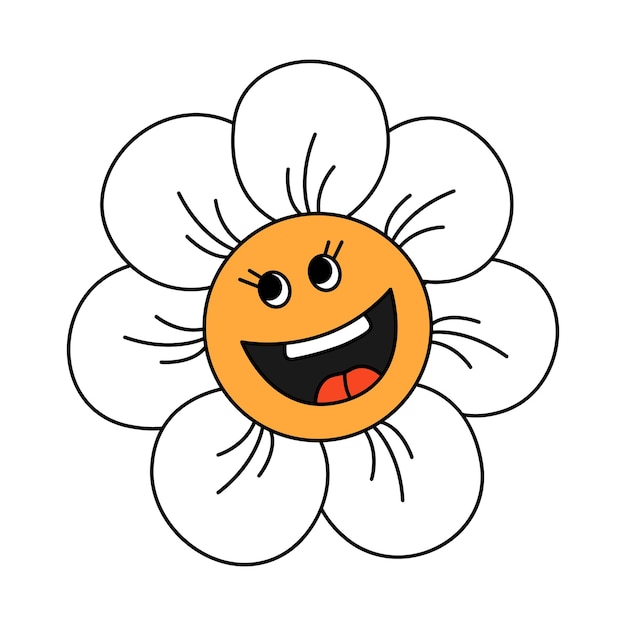 Retro groovy glimlachend madeliefjebloemkarakter uit de jaren 70. Lente zomer bloem. Cartoon hippie-vector