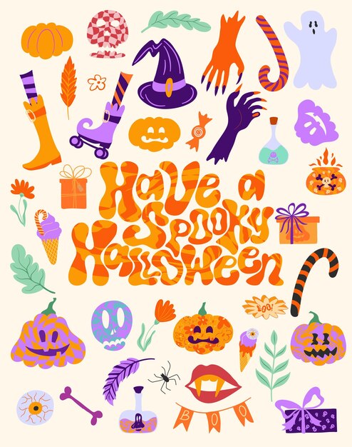 Vector retro groovy halloween-feestuitnodigingen of wenskaarten met letters en traditionele symbolen