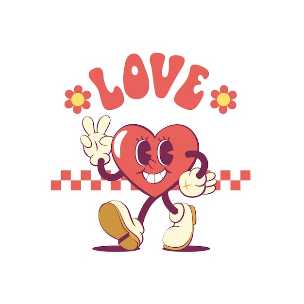 Vector retro groovy heart mascot character