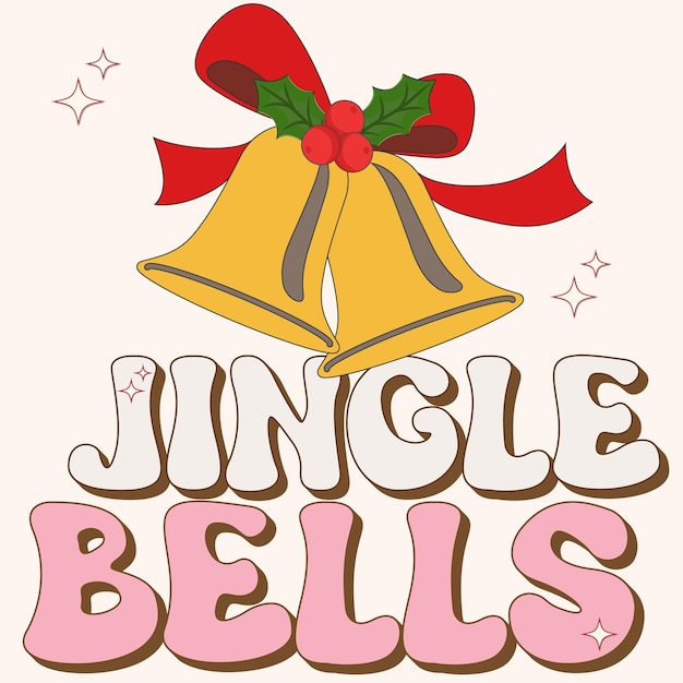 Retro groovy hippie christmas con jingle bell disegnato a mano nella cartolina d'auguri composizione clipart moderna