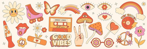 Vector retro groovy hippie jaren 70 set stickercollectie in trendy retro psychedelische cartoonstijl