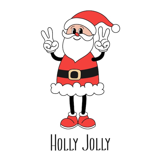 Retro groovy hippie santa claus character with holly jolly calligraphy christmas holiday card