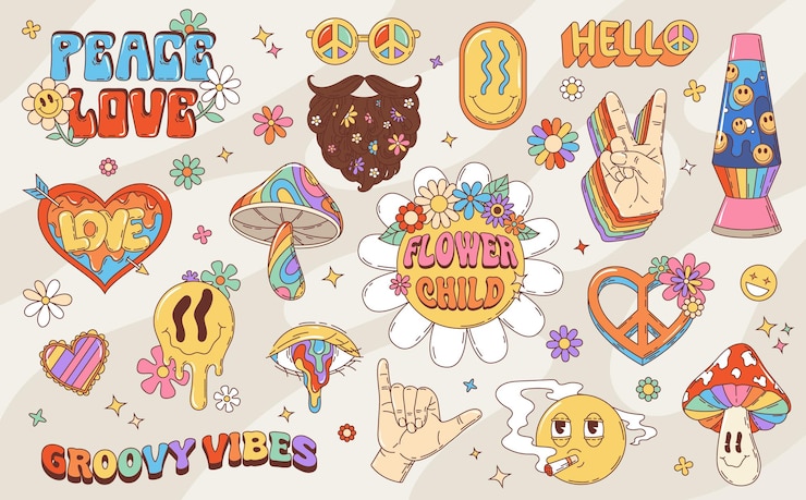 Vector retro groovy hippie symbolen van vrede en bloemen