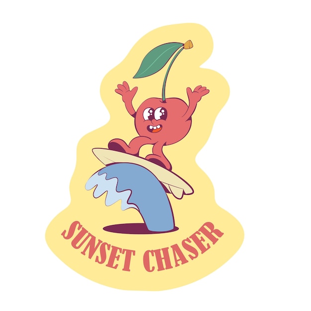 Retro groovy kersen mascotte sticker