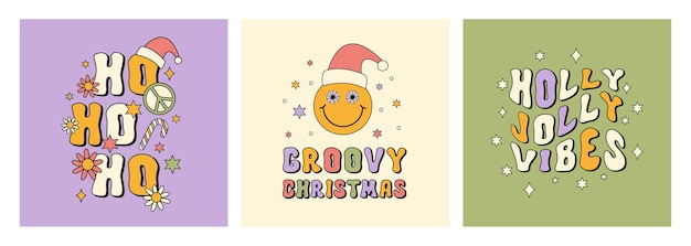 Retro Groovy kerstkaarten in de stijl van de jaren 60, 70.