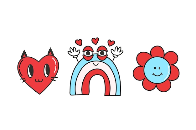 Retro groovy love heart doodle collection