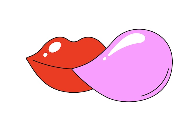 Vector retro groovy mouth blowing bubble gum cute hippy glossy red lips funky psychedelic cartoon female