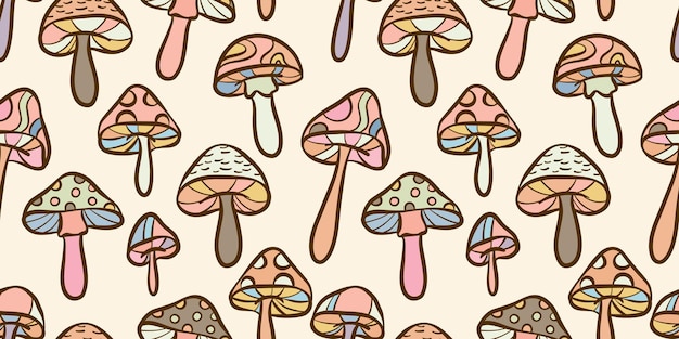 Retro groovy mushrooms seamless pattern colorful vector background