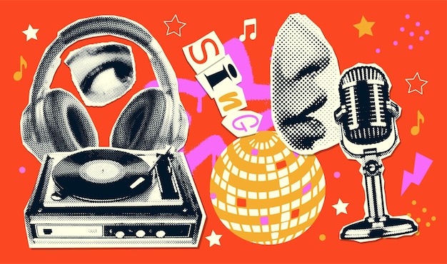 Retro groovy muziek collage elementen ingesteld met mond zingen naar microfoon in halftone papier stijl oog