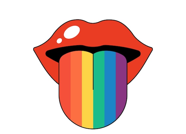 Retro groovy opened mouth with rainbow colored tongue sticking out and licking hippy red open lips