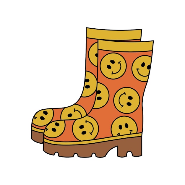 Retro groovy orange rubber boots with yellow smiling emoticons
