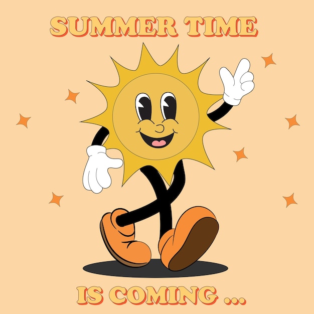 Retro groovy Poster with cute character The sun Cartoon isolated funny comic character The sun