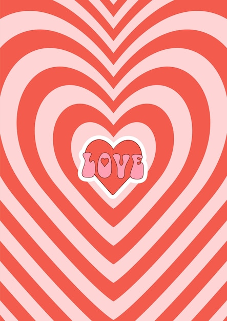 Vector retro groovy poster with lovely hearts happy valentines day background in trendy 70s cartoon style