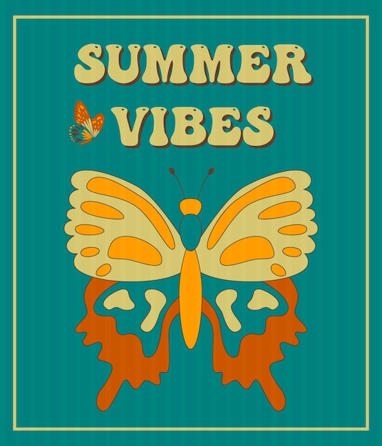 Retro groovy posters 60s 70s with groovy butterfly for cards stickers or poster design