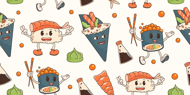 Retro groovy seamless pattern with retro cartoon characters and element. Asian food, sushi, wasabi.