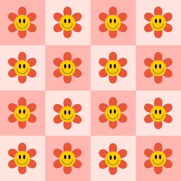 Retro groovy seamless pattern with smiling flowers on a checkered background.