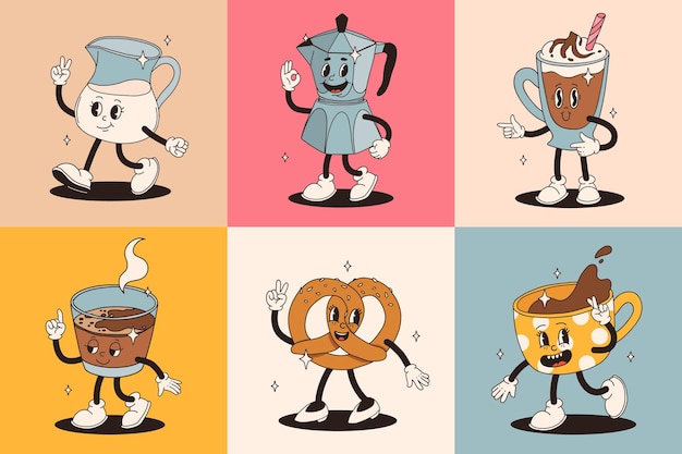 Vector retro groovy set met koffie mascotte cartoon personages grappige kleurrijke doodle stijl personages