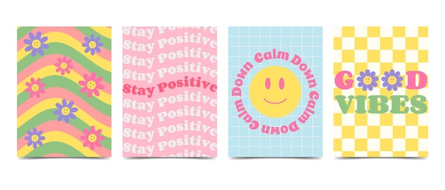 Retro groovy set verticale posters met hippie slogans jaren 70-80 stijl daisy bloemen met grappige glimlach