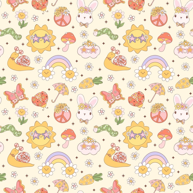 Retro Groovy Spring Doodle Naadloos patroon Speels en nostalgisch kindontwerp geïsoleerd op de achtergrond