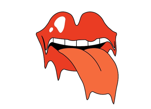 Vector retro groovy surreal mouth with tongue sticking out and licking crazy hippy red open lips funky