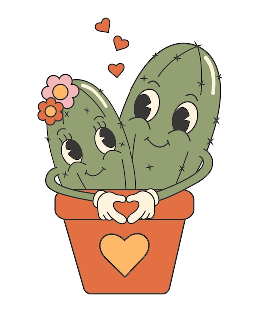 Retro groovy Valentijnsdag sticker Leuke cactus paar 70s 60s cartoon esthetiek