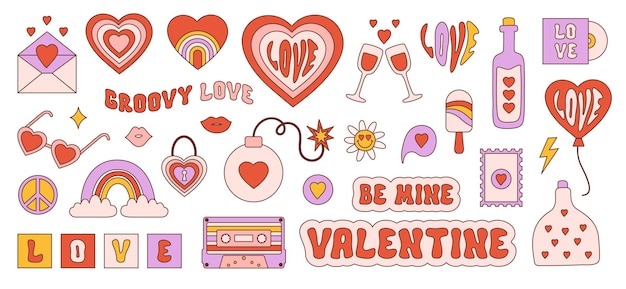 Retro groovy valentijnsdag stickerset in jaren 60, 70 stijl. Trendy vintage iconen geïsoleerd op een wit