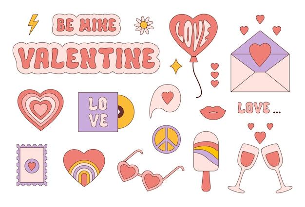 Retro groovy valentijnsdag stickerset in jaren 60, 70 stijl.