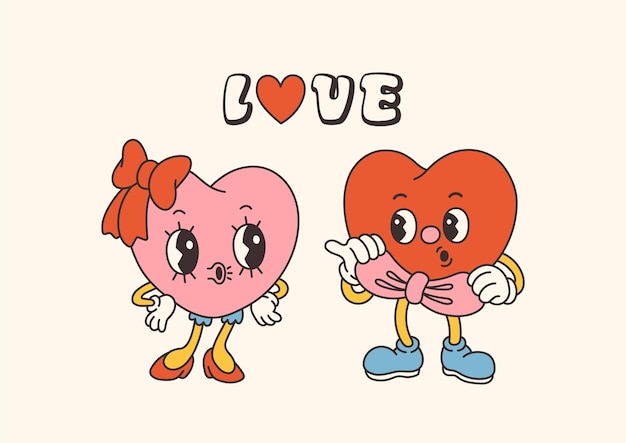 Vector retro groovy valentijnsdagkarakters met slogans over liefde. trendy cartoonstijl uit de jaren 70. ansichtkaart