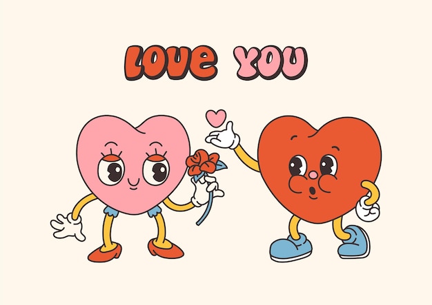 Retro groovy valentine's day characters with slogans about love. trendy 70s cartoon style. postcard