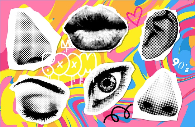 Вектор Ретро полутоновые элементы коллажа для дизайна смешанного медиа глаза, губы, нос и ухо в полутоновой текстуре
