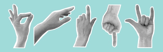 Set di mani retrò a mezza tonalità segni gestuali moderne forme per la stampa su vestiti cartellone poster banner