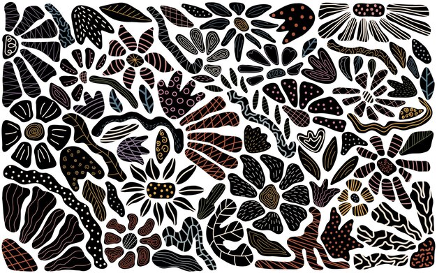 Retro hand drawn black floral seamless pattern 60s 70s style Amazing groovy flower background