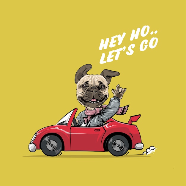 Vector retro hand drawn dog riding car