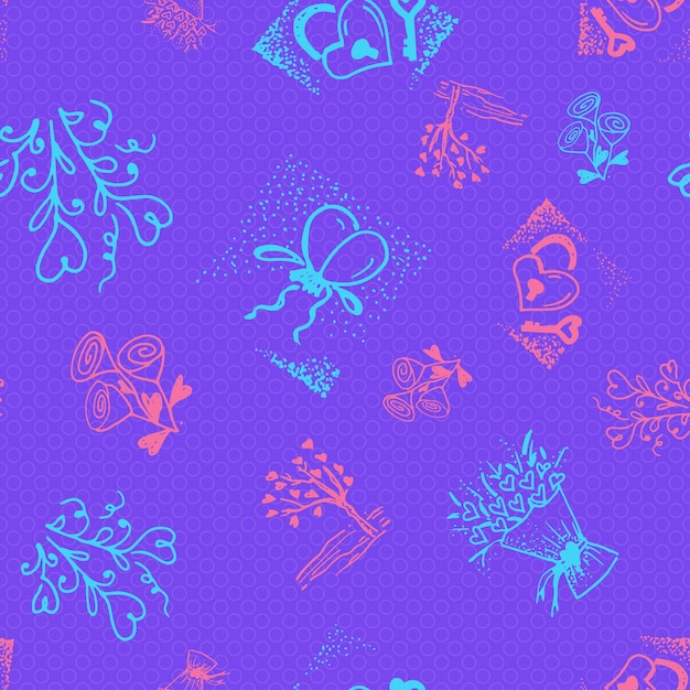 Retro handdrawn sketches color seamless background with love symbols for valentines and wedding day