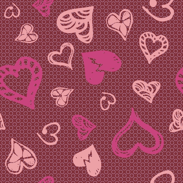 Retro handdrawn sketches seamless background with hearts for valentines and wedding day