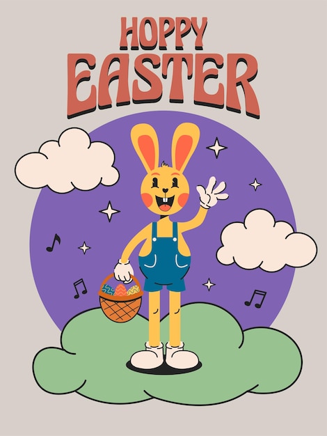 Retro happy easter posterretro cartoon rabbit character surrounded by cloudseaster egg hunt