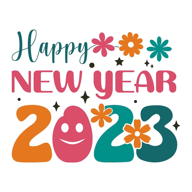 Retro Happy new year 2023 Smily Face Flowers Retro New Year Typography Print Templete