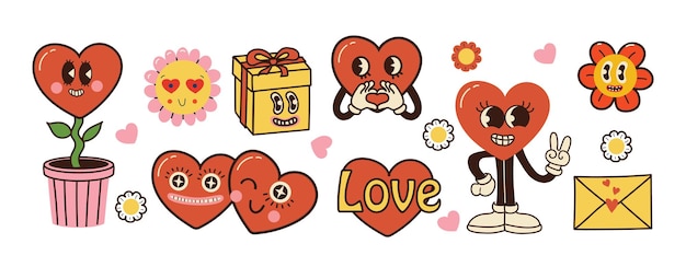 Vector retro happy valentines day comic happy heart character in trendy retro s s cartoon style retro